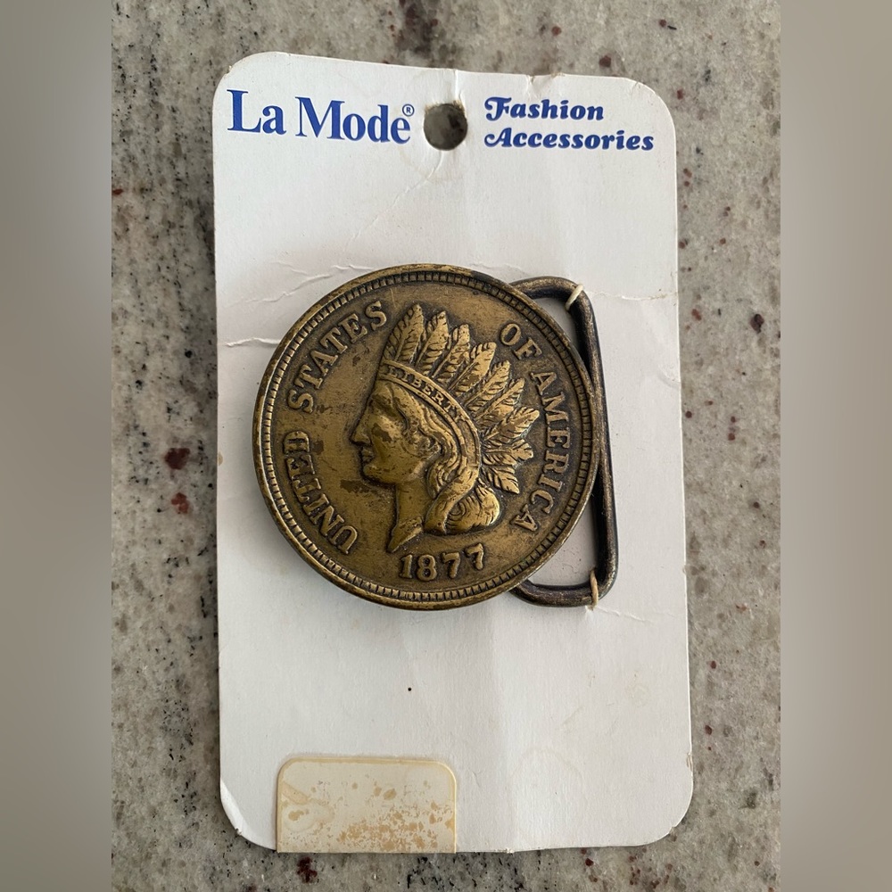 Vintage LaMode USA coin brass belt buckle